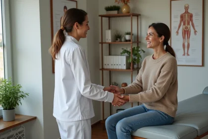 Osteopathe femme accueille une cliente dans un cabinet
