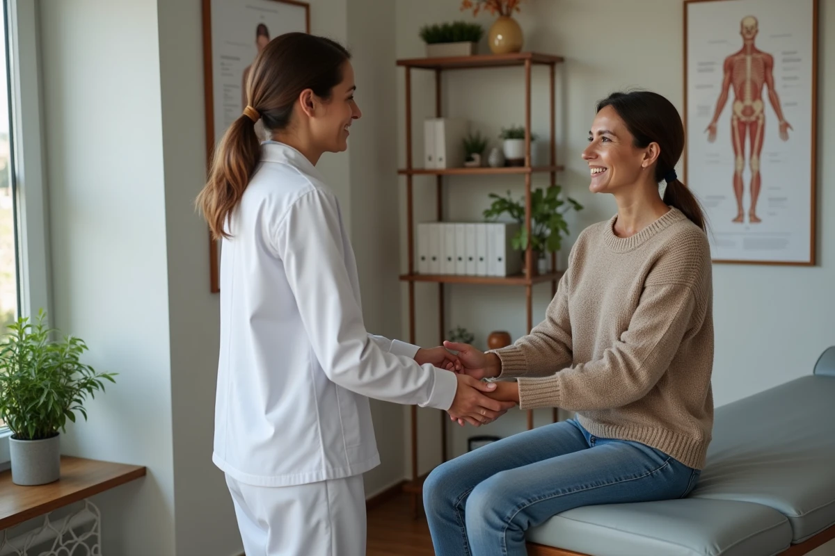 Osteopathe femme accueille une cliente dans un cabinet