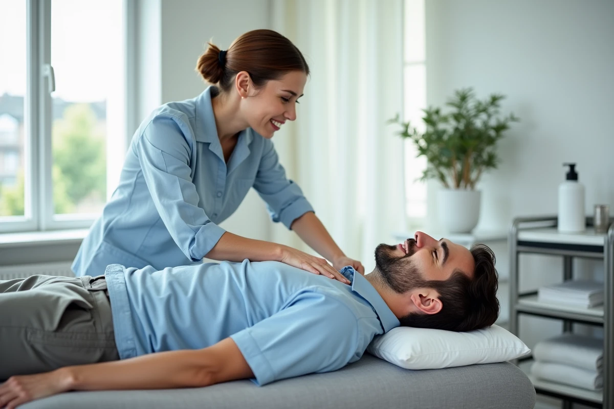 Osteopathe femme palpant le cou d