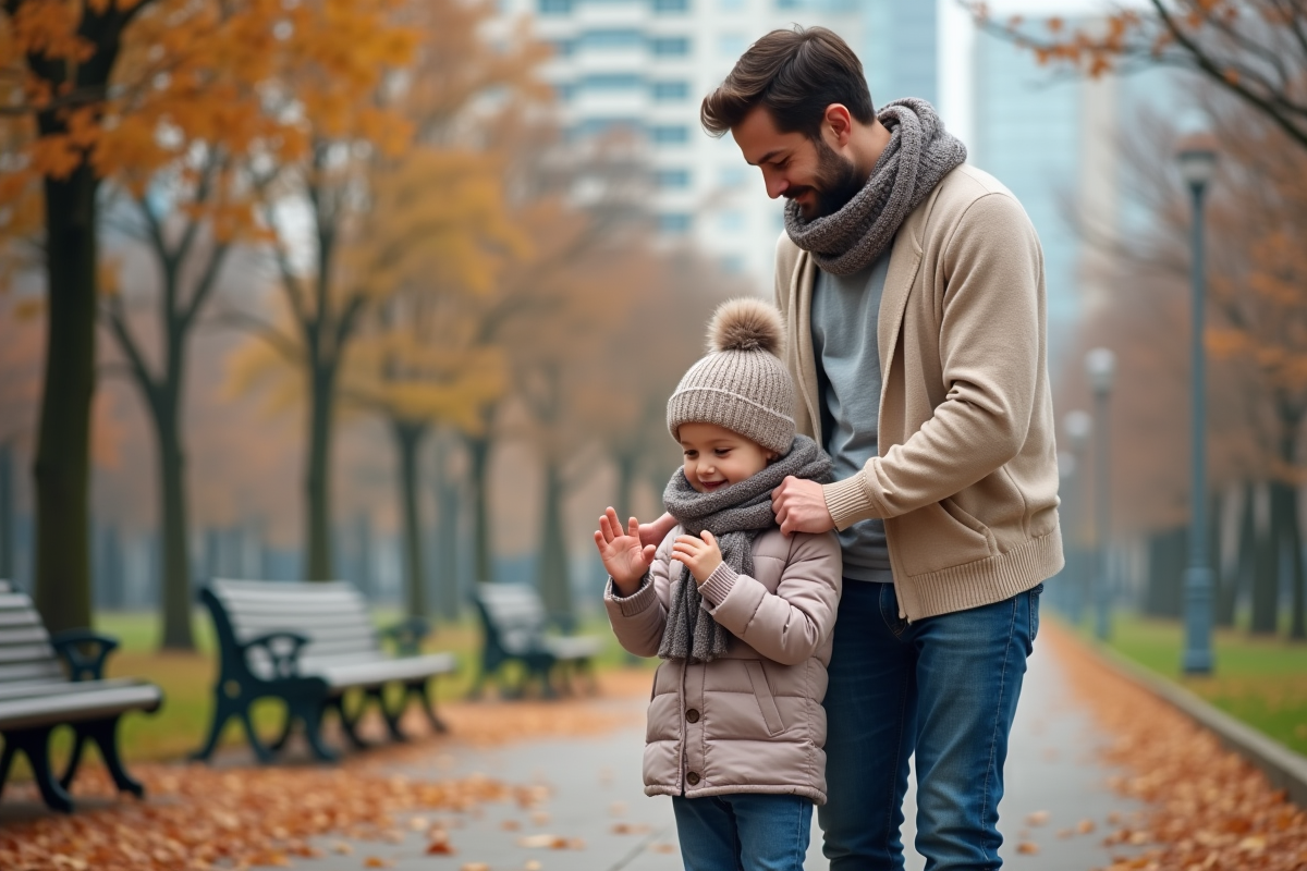 Père aidant sa fille à mettre une écharpe en extérieur automnal