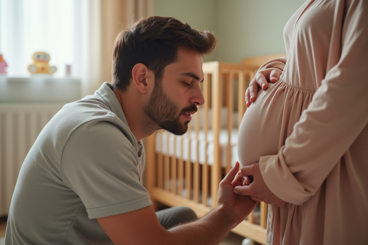 Pere enceinte écoute attentivement le ventre de sa partenaire