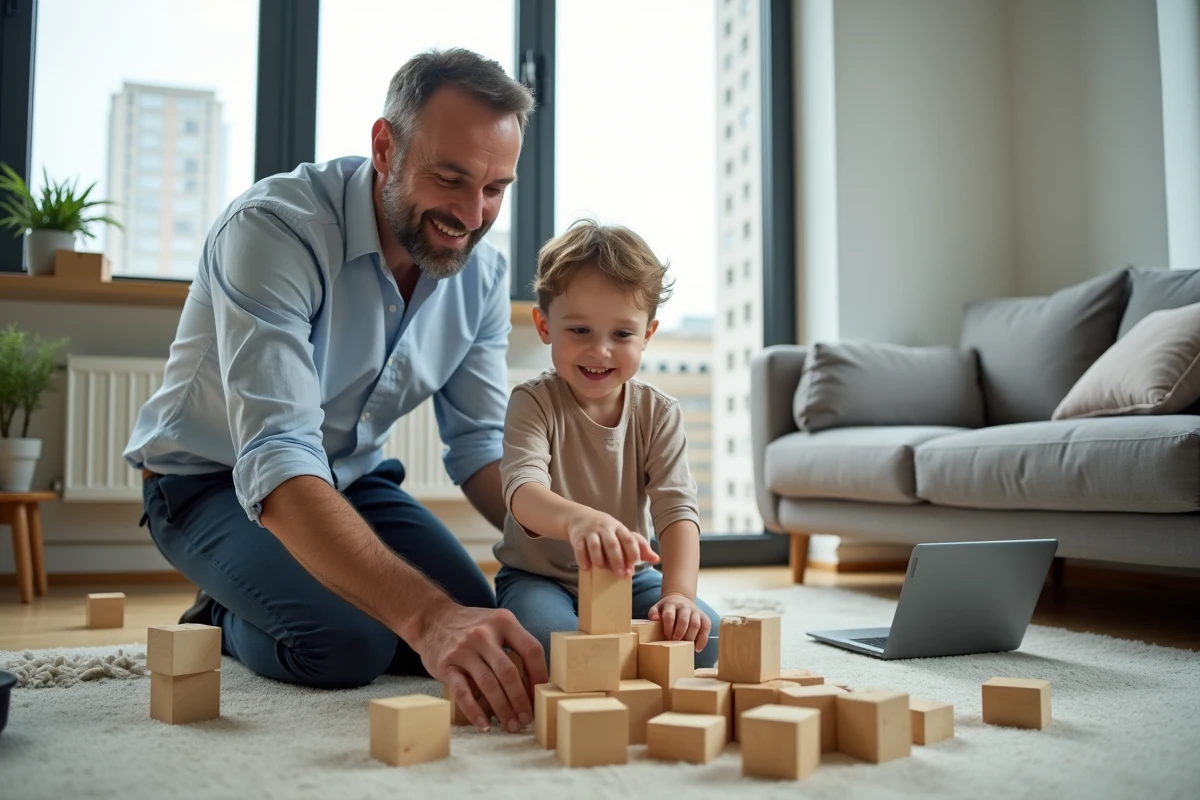 Père aidant son enfant à jouer avec des blocs en salon