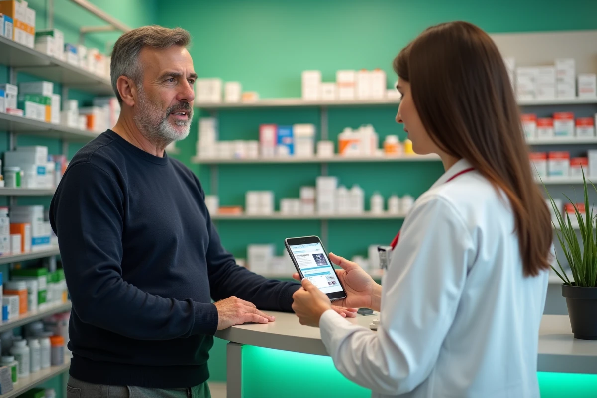 Patient consultant un pharmacien sur la possibilité de faire une radiographie sans ordonnance médicale