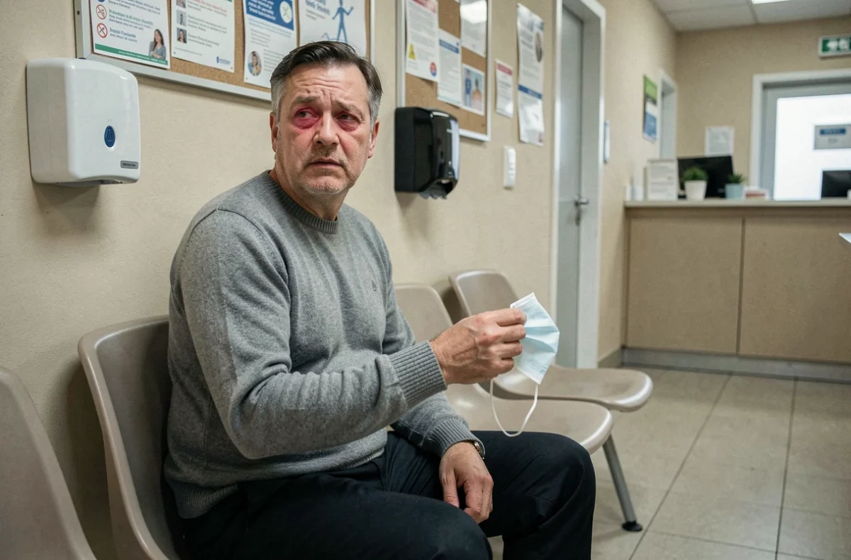 Patient adulte en salle d'attente d'une clinique avec symptômes évocateurs d'un variant Covid 2026