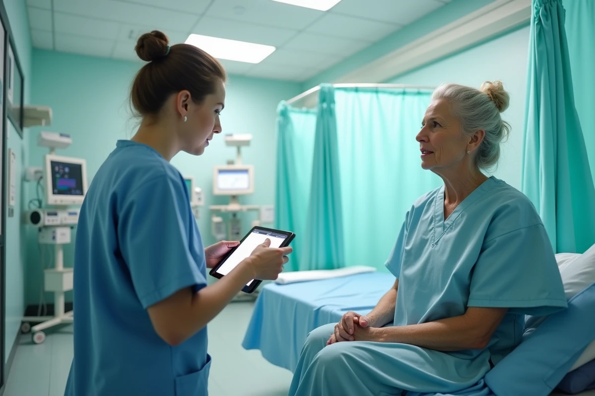 Patiente en tenue chirurgicale discutant de ses antécédents allergiques avec une infirmière avant l'anesthésie générale