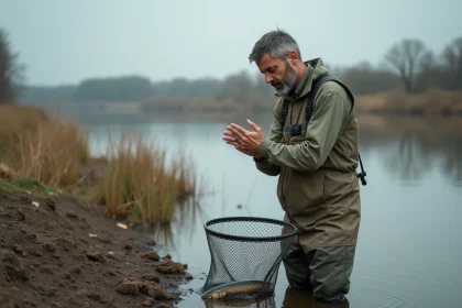 Pêcheur examinant une blessure à la main causée par les dents d'un brochet au bord d'une rivière
