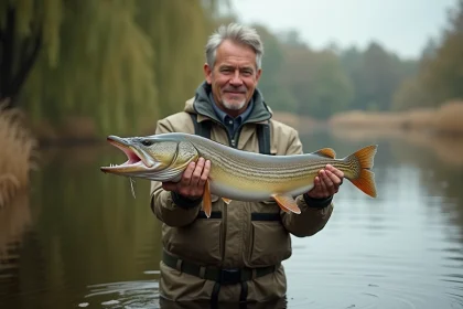 Pêcheur tenant un grand brochet aux dents acérées dans une rivière, illustrant les risques de morsure lors de la manipulation du poisson