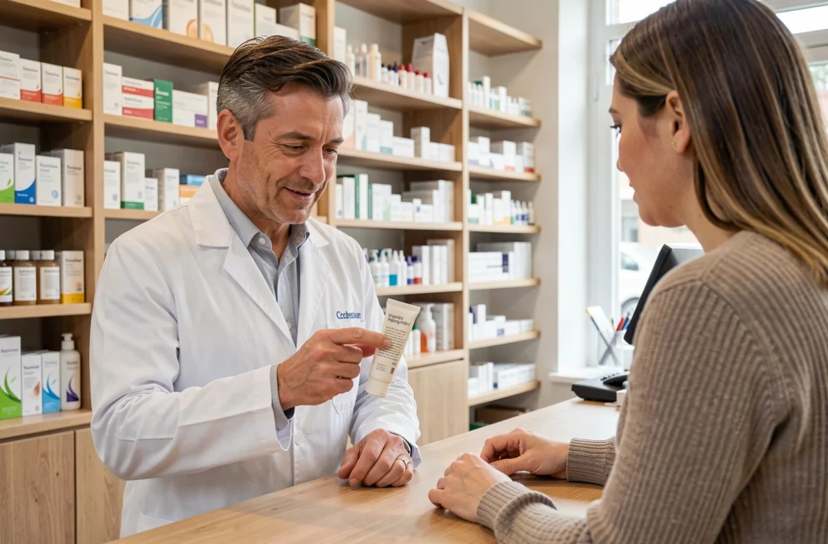 Pharmacien conseillant un client sur la meilleure crème pour eczéma en pharmacie avec des produits dermatologiques en rayon