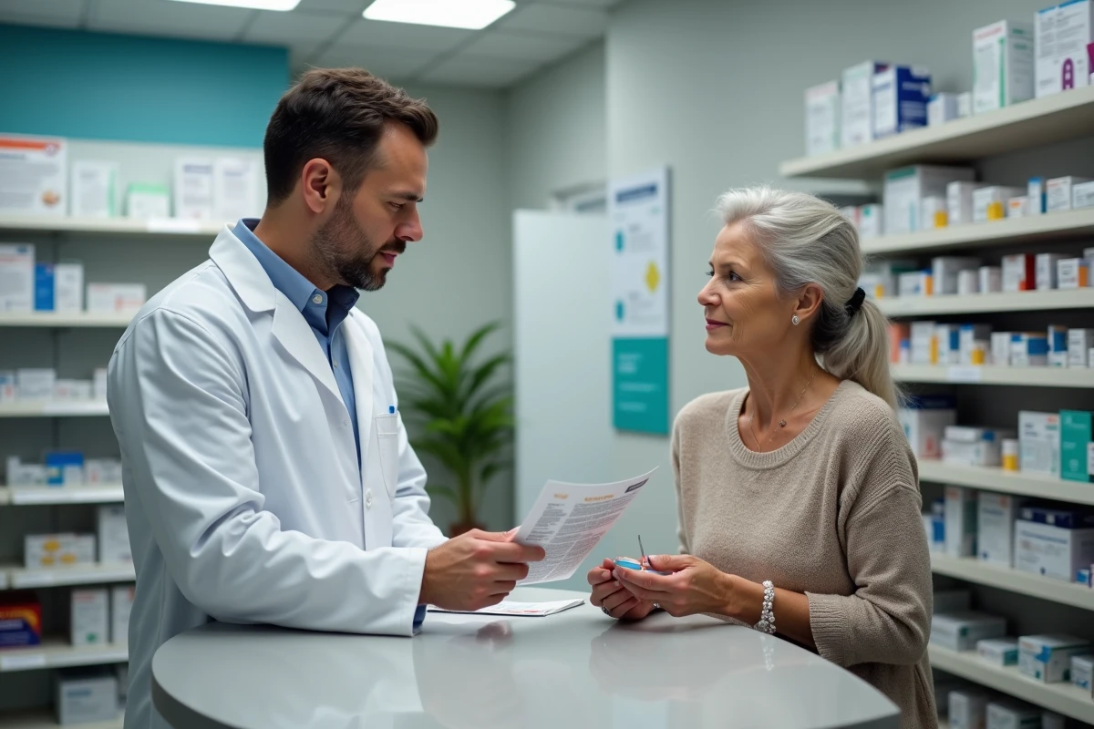 Pharmacien explique une notice à une cliente âgée