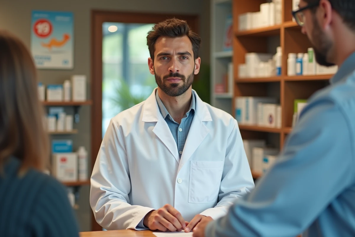 Jeune pharmacien aidant un client dans une pharmacie à Gardanne