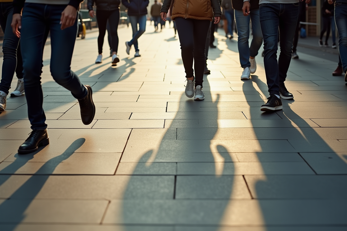 Gros plan sur des jambes et chaussures en marche en ville