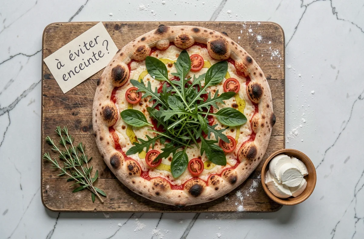 Pizza artisanale garnie de basilic frais et de roquette vue de dessus, questionnant la sécurité alimentaire pendant la grossesse