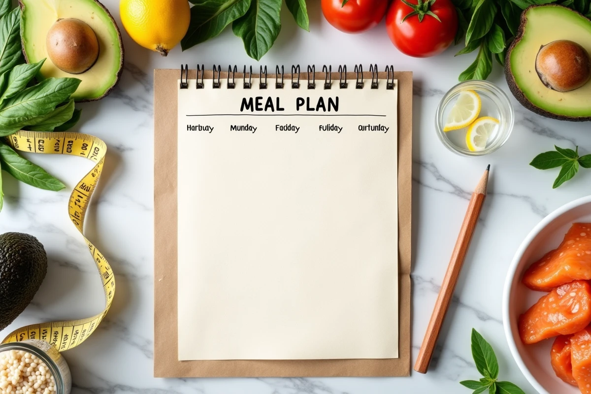 Plan alimentaire hebdomadaire manuscrit entouré d'ingrédients frais et sains pour perdre 3 kilos en une semaine