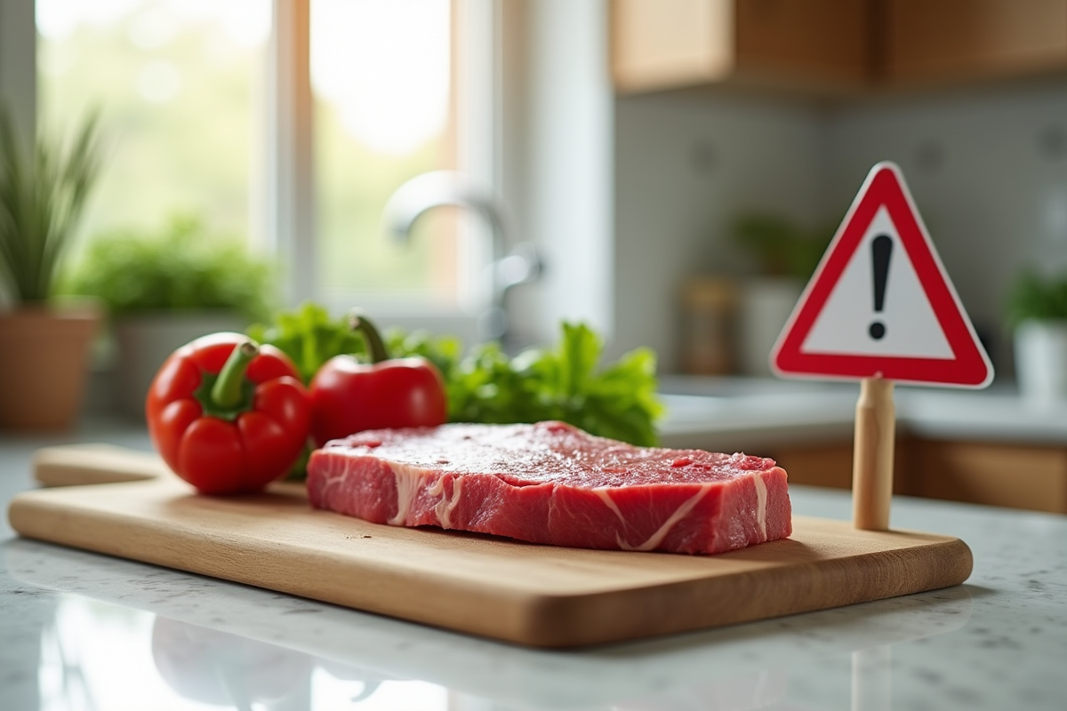 Planche avec légumes frais et steak cru sous panneau d'avertissement