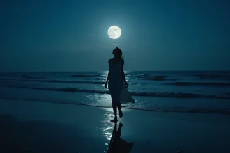 Femme contemplant la pleine lune au bord de la mer, reflet lunaire sur l'océan calme, plage déserte la nuit