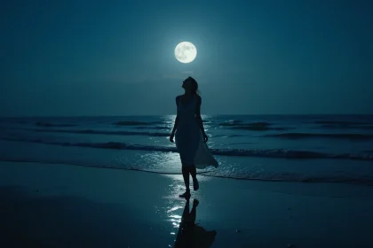 Femme contemplant la pleine lune au bord de la mer, reflet lunaire sur l'océan calme, plage déserte la nuit