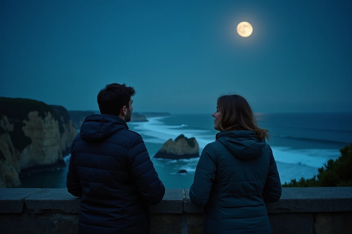 Deux amis sur une falaise côtière admirant la pleine lune au-dessus de la mer, vue panoramique nocturne sur l'océan