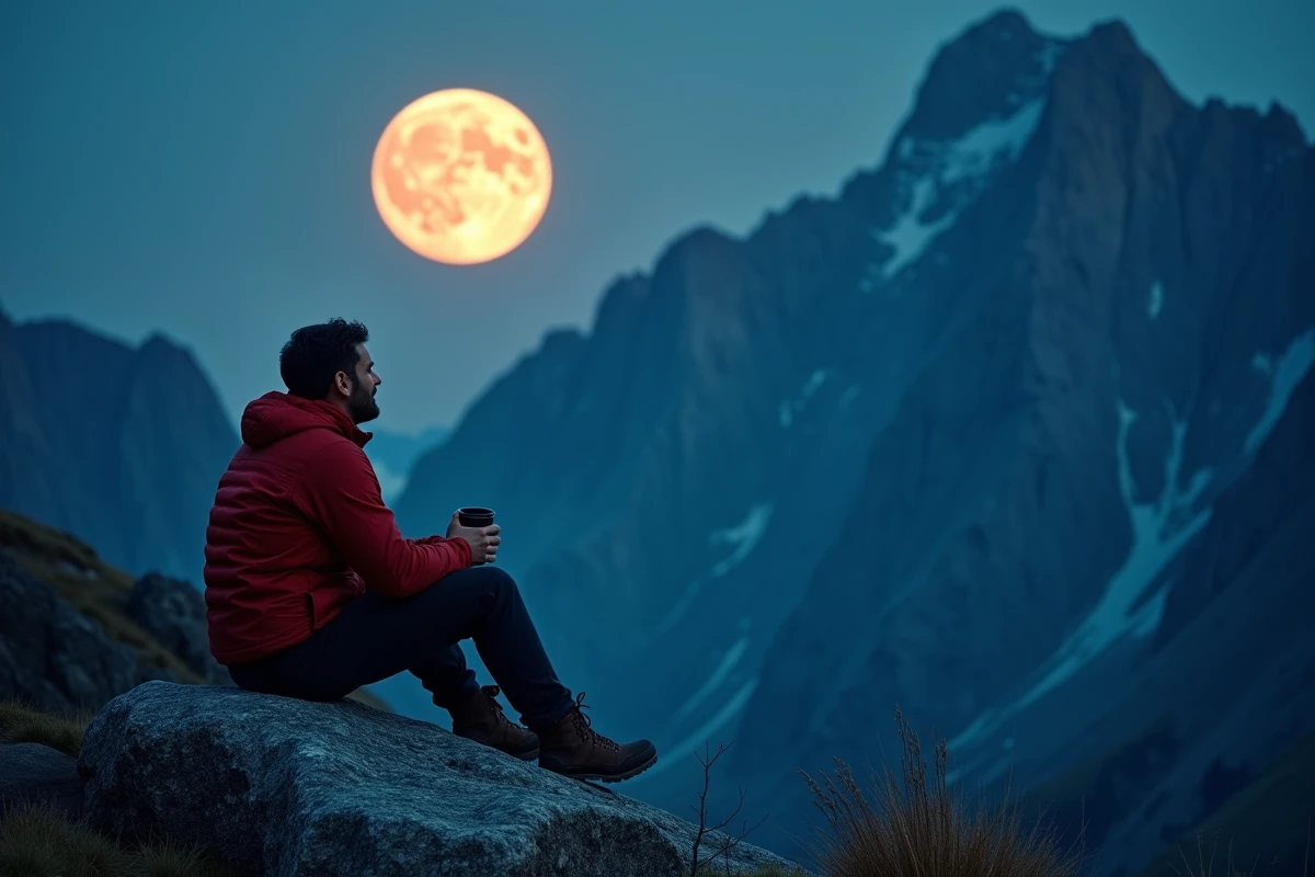 Randonneur assis sur un rocher en montagne contemplant la pleine lune au-dessus des sommets alpins enneigés