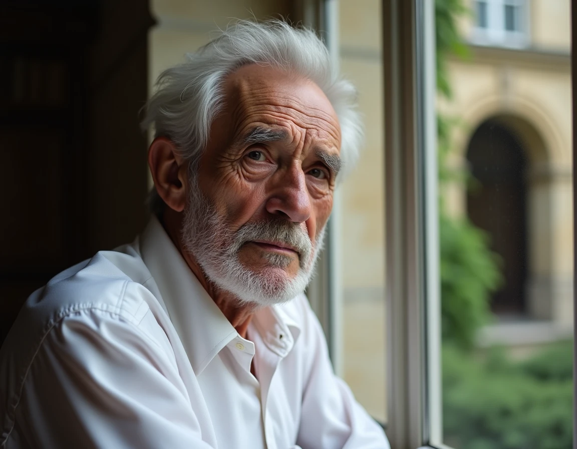 Gros plan portrait d'un homme politique français âgé aux cheveux argentés près d'une fenêtre, évoquant les questions de santé et de vieillissement d'une figure publique