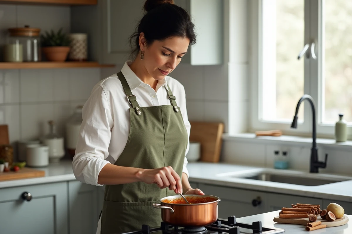 Femme préparant une compote de fruits aux pruneaux et figues sur une cuisinière pour favoriser un bon transit digestif