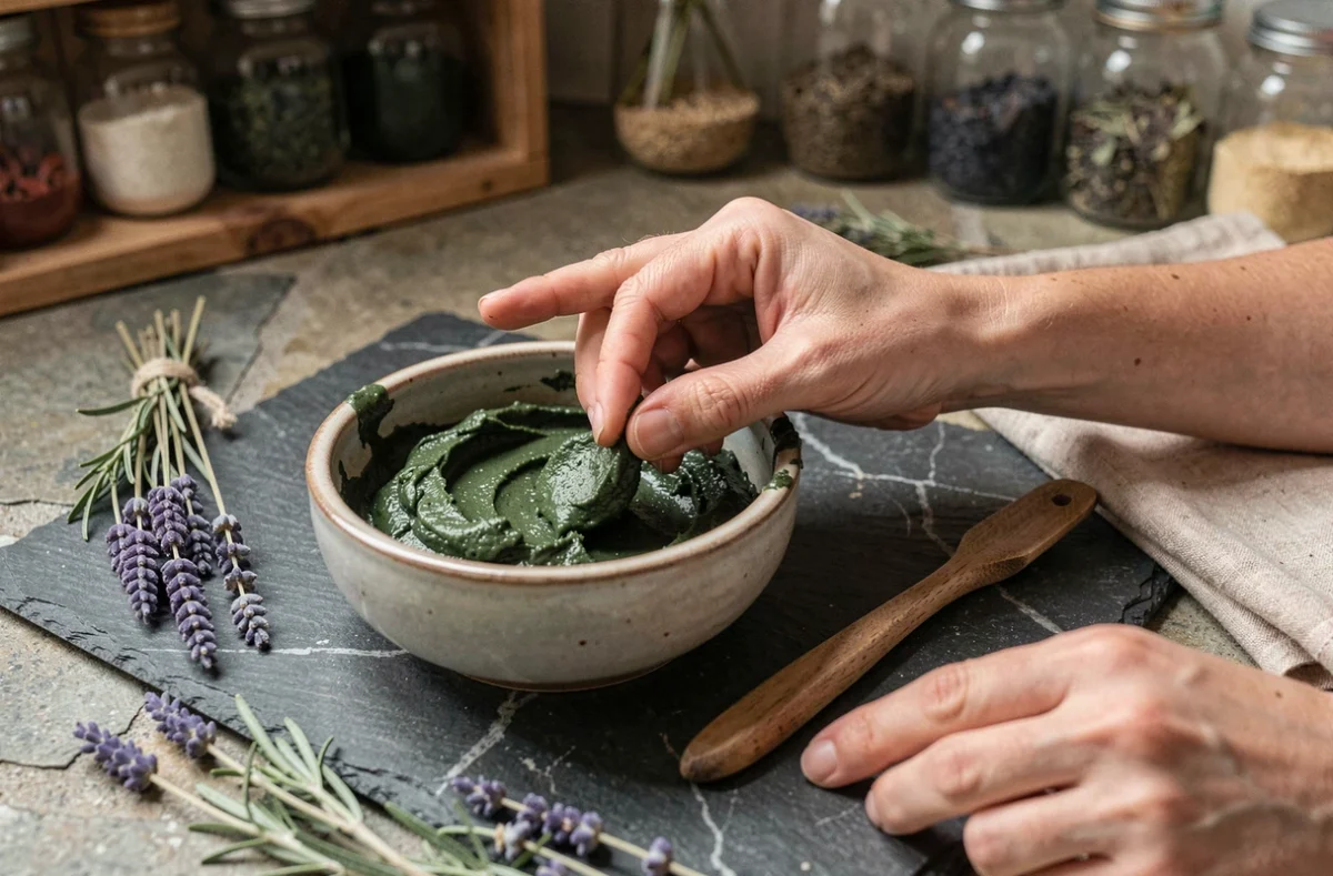 Préparation artisanale d'un emplâtre d'argile verte dans un bol en céramique sur une ardoise naturelle