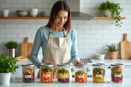 Femme préparant des repas équilibrés pour la semaine dans des boîtes en verre étiquetées sur un comptoir de cuisine moderne