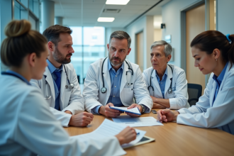 Professionnels de santé en réunion dans une salle moderne