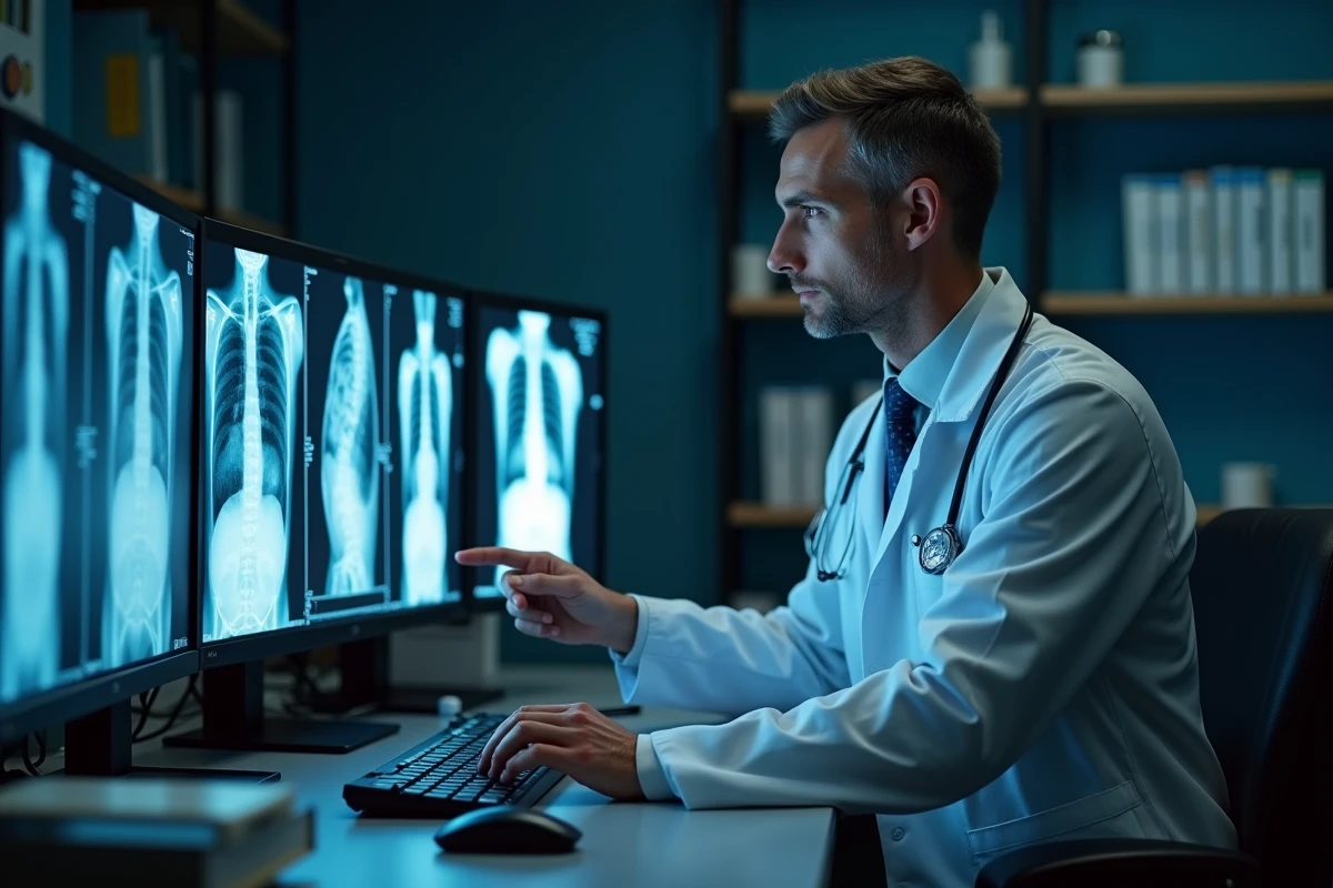 Radiologue analysant une radiographie thoracique sur écran diagnostique dans un cabinet de radiologie médicale