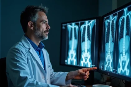 Radiologue analysant des images de scanner abdominal avec injection sur écrans en salle de lecture médicale