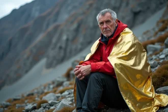 Homme randonneur avec couverture de survie en montagne
