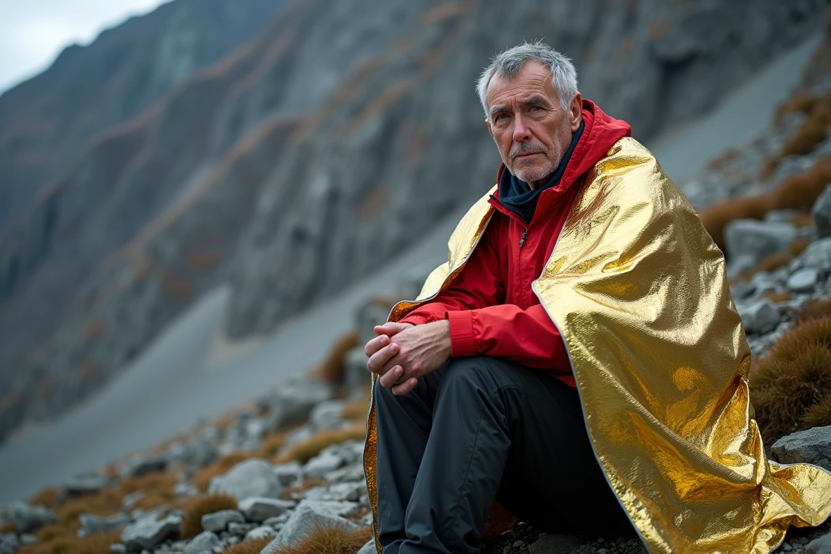 Homme randonneur avec couverture de survie en montagne