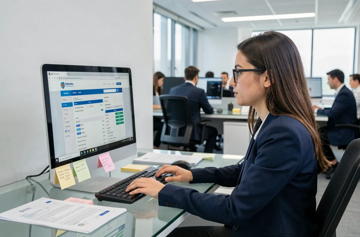 Femme recherchant l'assurance décennale d'une entreprise fermée sur un registre en ligne au bureau