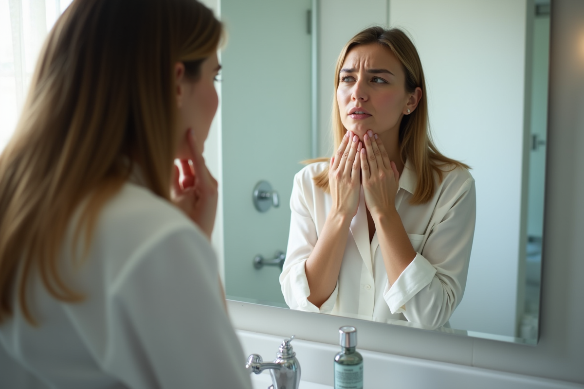 Personne regardant dans le miroir du matin en vérifiant sa gorge