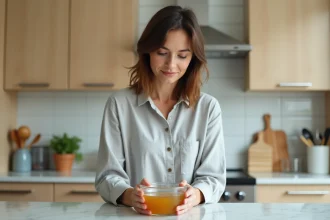 Femme végétarienne préparant un bouillon clair autorisé avant une coloscopie dans une cuisine moderne