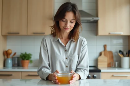 Femme végétarienne préparant un bouillon clair autorisé avant une coloscopie dans une cuisine moderne