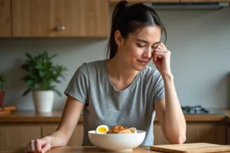 Femme devant un repas riche en protéines composé d'œufs durs et de poulet grillé, illustrant les effets d'un régime hyperprotéiné sur les flatulences malodorantes