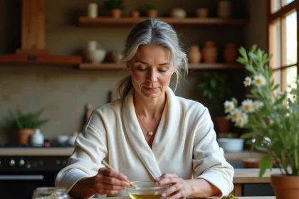 Femme mature pr&eacute;parant un rem&egrave;de naturel &agrave; base de plantes dans une cuisine rustique pour soulager les d&eacute;mangeaisons intimes