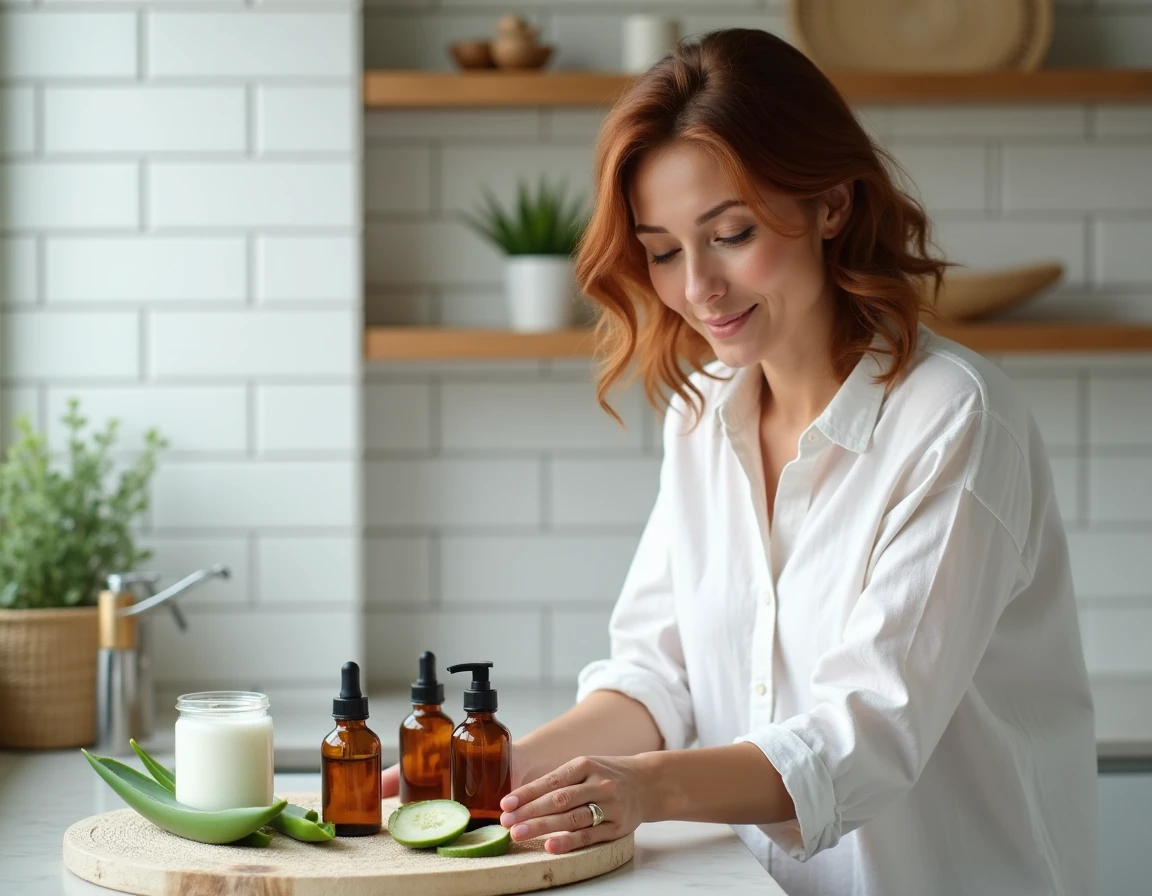 Femme organisant des rem&egrave;des naturels maison dans une salle de bain pour soulager les d&eacute;mangeaisons intimes au quotidien