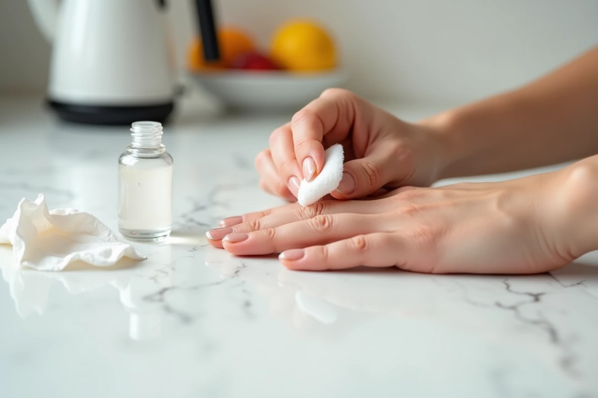 Mains d'adulte retirant de la colle forte avec un coton imbibé d'acétone sur un plan de travail de cuisine