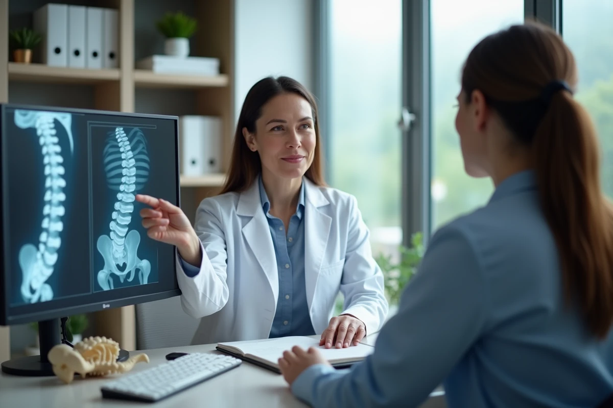 Rhumatologue expliquant un scanner vertébral à son patient dans son cabinet médical