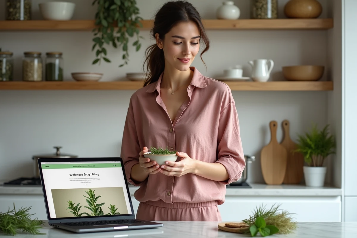 Femme consultant un blog bien-être sur un ordinateur dans une cuisine naturelle le soir, tenant un bol en céramique rempli d'herbes fraîches