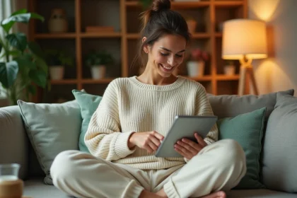 Femme lisant un blog bien-être sur une tablette le soir, installée confortablement sur un canapé en lin avec une tasse de tisane