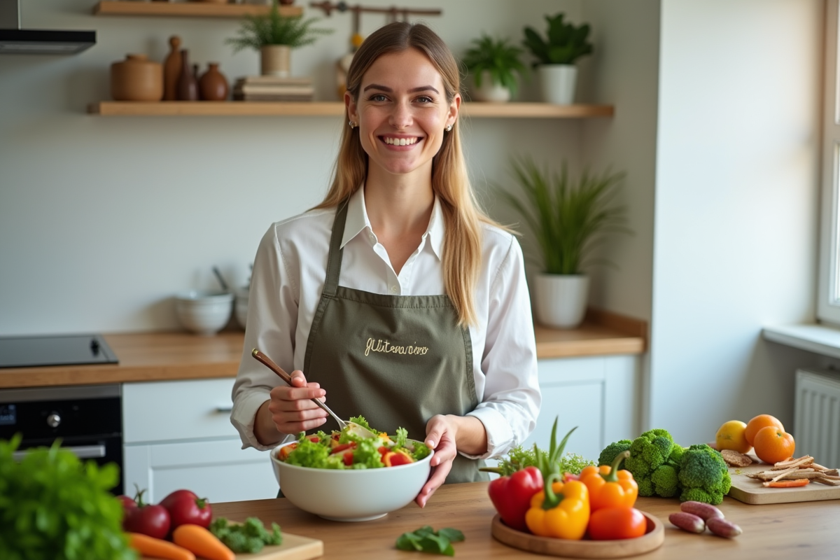 Femme souriante préparant une salade sans gluten dans une cuisine lumineuse