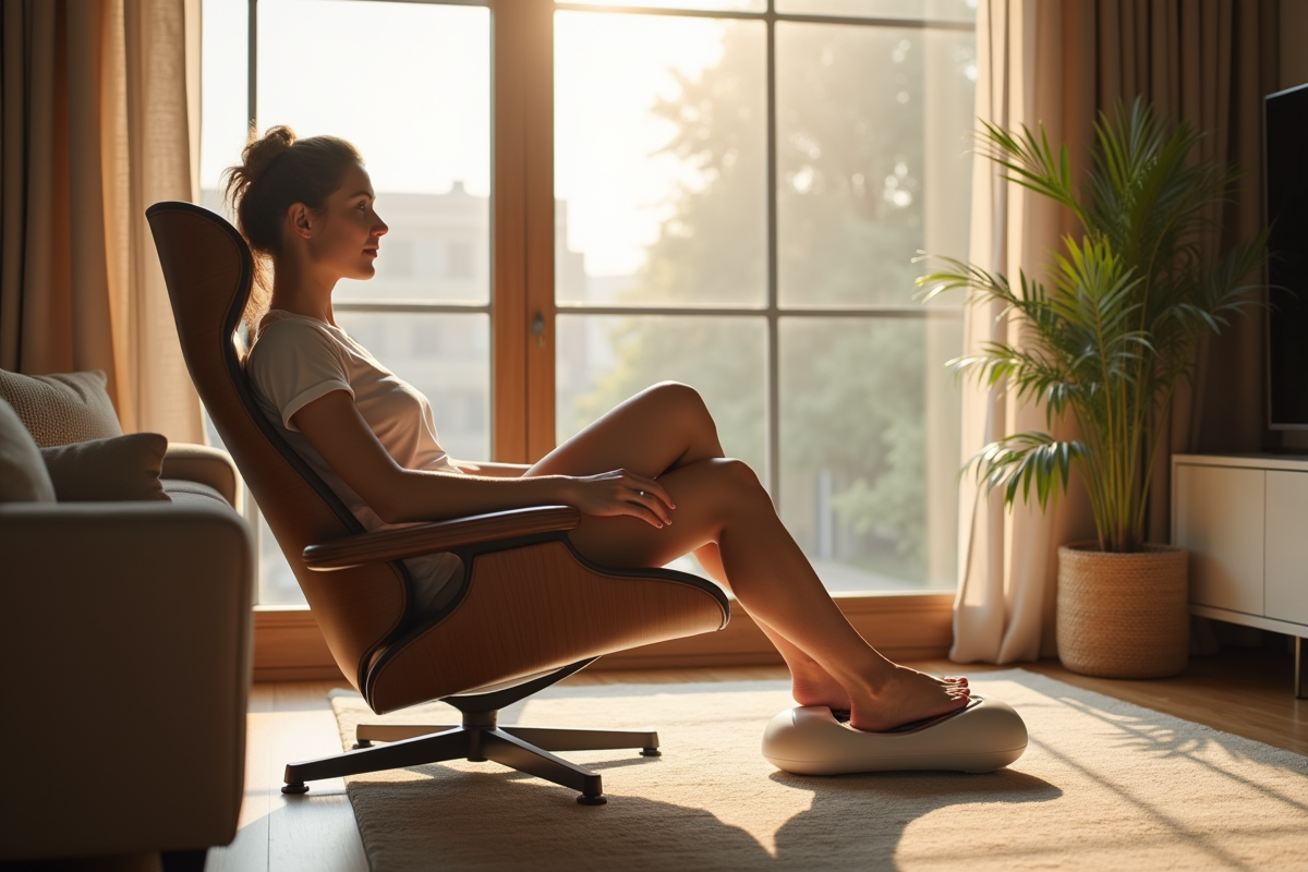 Salon moderne avec femme utilisant un massager de pied