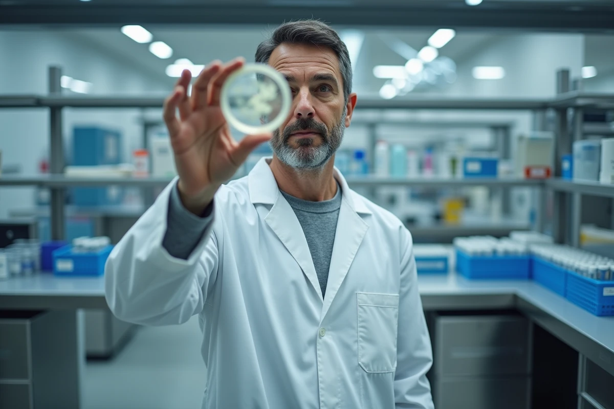 Scientifique en blouse blanche tenant une boîte de Pétri dans un laboratoire de recherche sur le microbiote intestinal et les postbiotiques