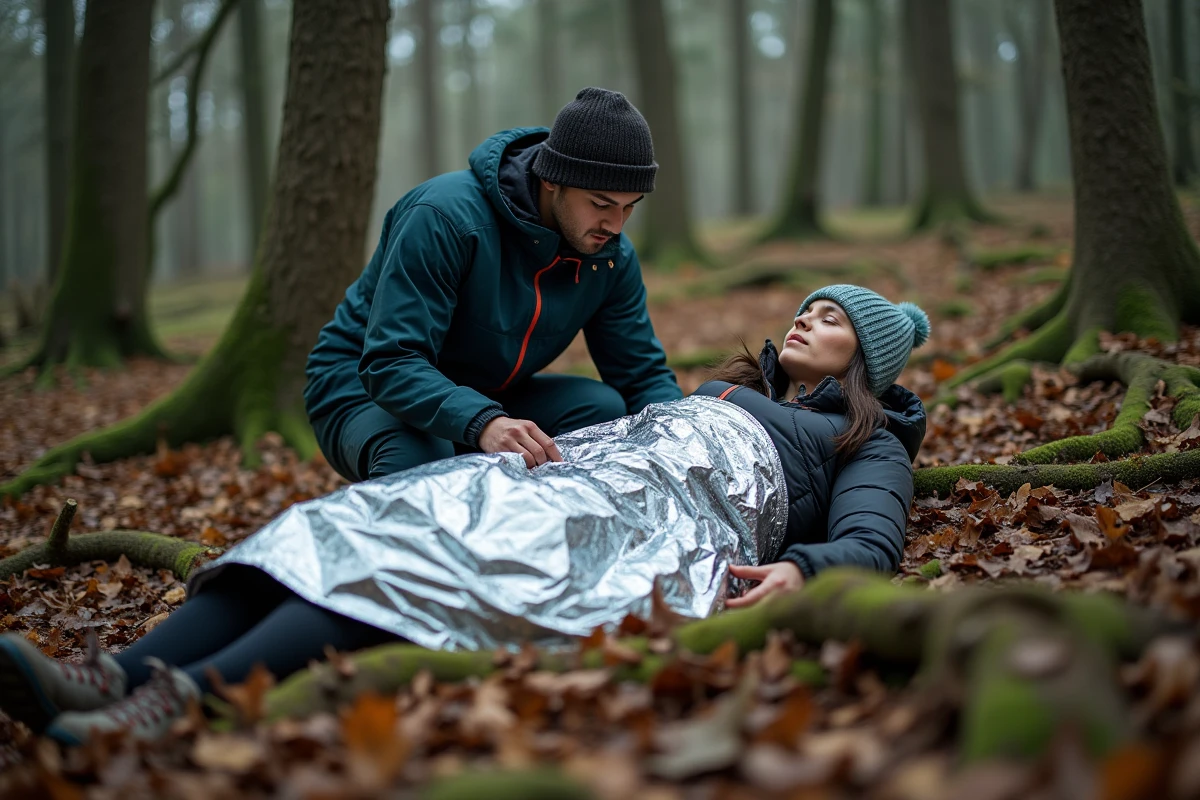Jeune femme secourue avec couverture dans la forêt