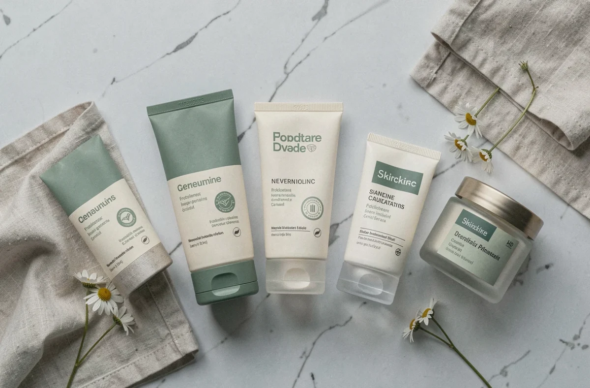 Flat lay de crèmes pour eczéma aux formules clean et naturelles disposées sur marbre blanc avec fleurs de camomille