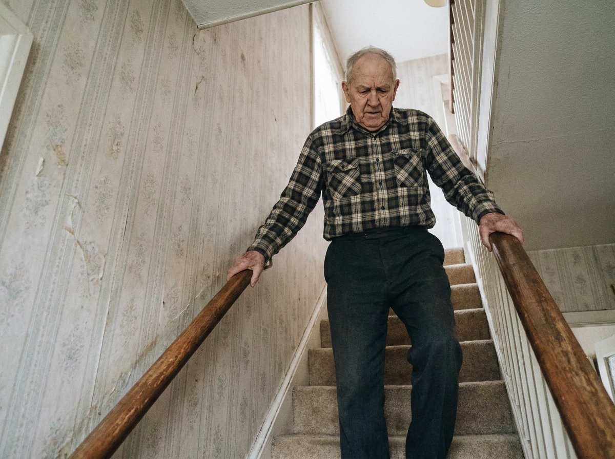 Homme âgé agrippant une rampe d'escalier avec difficulté à domicile, illustrant les risques de chute et la nécessité d'une assistance pour les seniors