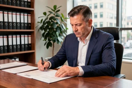 Homme en costume signant un contrat d'assurance emprunteur pour une SCI dans un bureau notarial