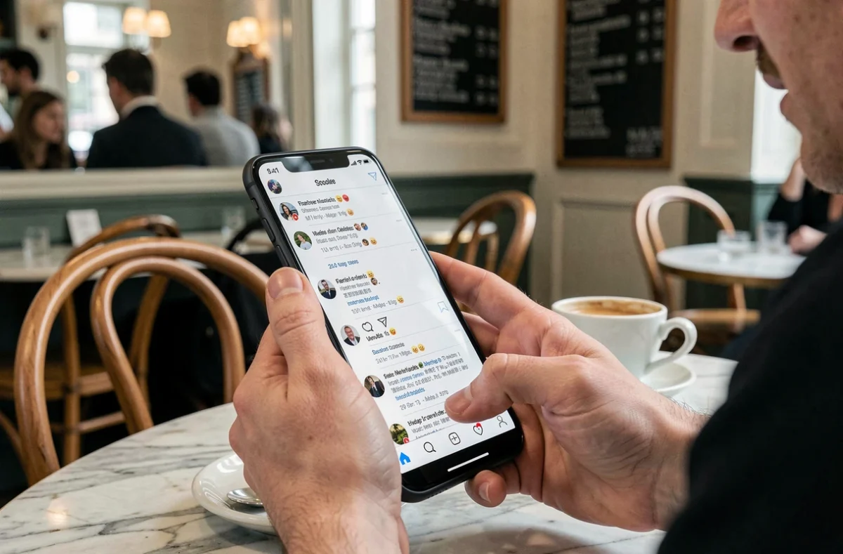 Mains tenant un smartphone affichant un fil de réseaux sociaux dans un café parisien, polémique en ligne